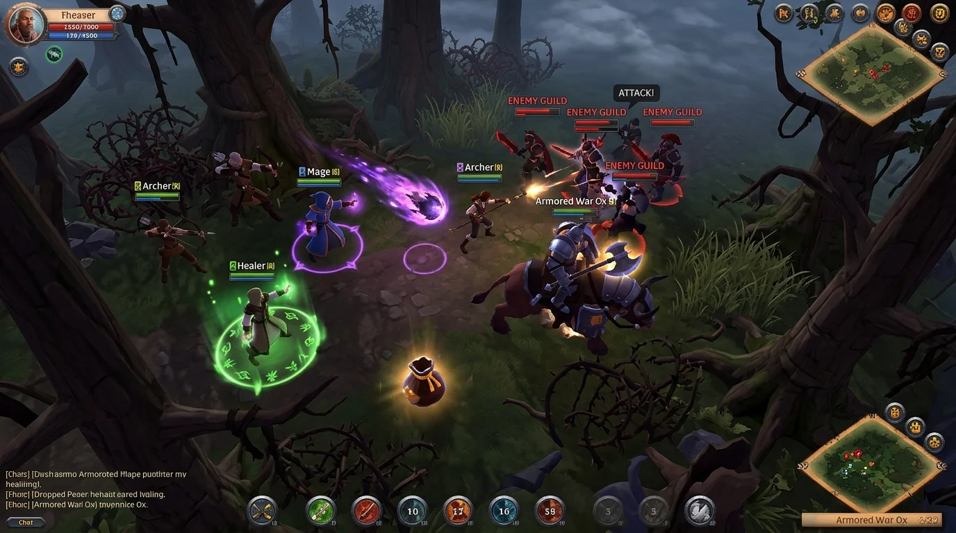 Imboscata tra gilde rivali con bue corazzato e cerchi magici in Albion Online