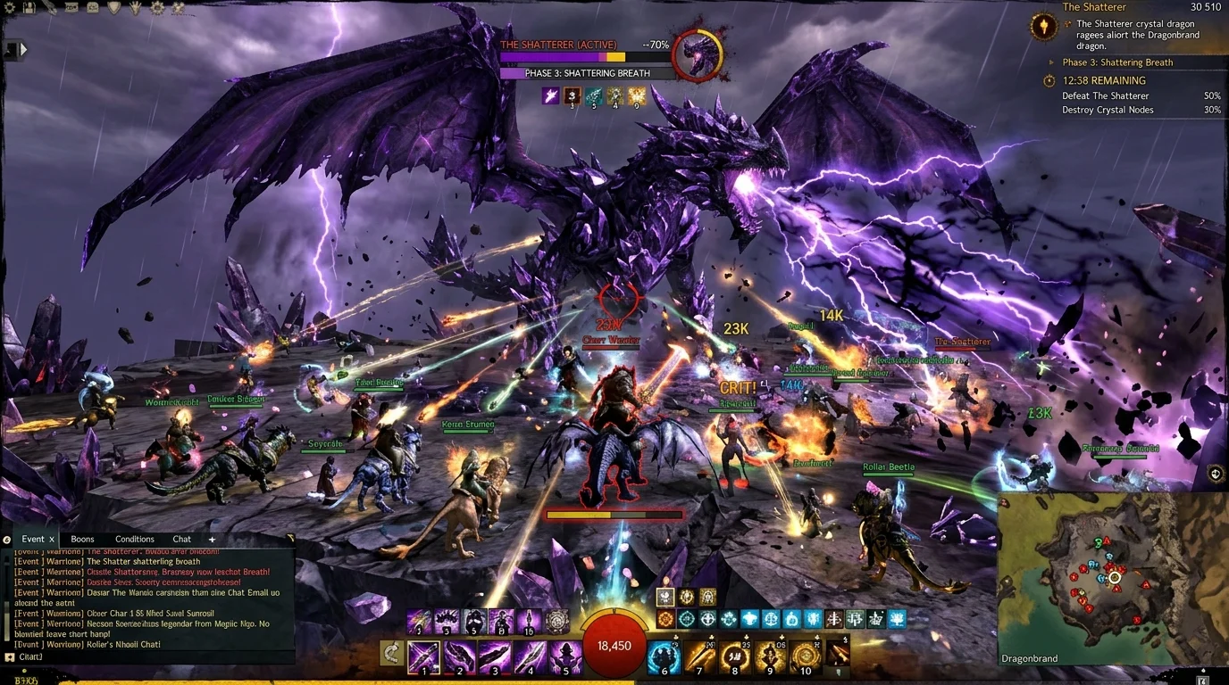 Combattimento contro drago colossale a Tyria con armi luminose e cerchi di supporto in Guild Wars 2