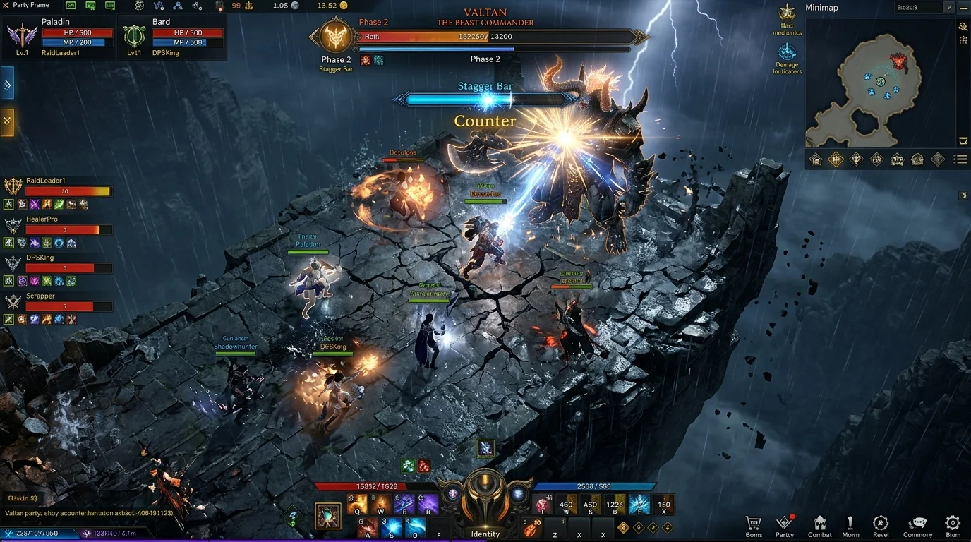 Raid di gruppo contro demone alato con cerchi di schivata ed effetti laser in Lost Ark