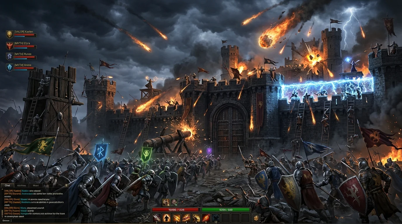 Scontro d'assedio epico tra gilde MMORPG